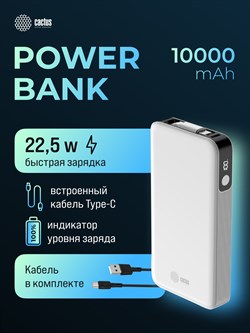 Мобильный аккумулятор Cactus CS-PBFSPA-10000 10000mAh 22.5W 4.5A 2xUSB-C белый - фото 24634