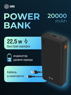 Мобильный аккумулятор Cactus CS-PBFSDA-20000 20000mAh 4.5A USB-A/2xUSB-C черный - фото 24945