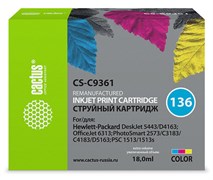Струйный картридж Cactus CS-C9361 (HP 136) цветной для HP DeskJet 5400, 5440, D4160, D4163; OfficeJet 6310, 6315; PhotoSmart 2575, 7850, C3110, C3125, C3140, C3170, C3190, C4110, C4140, C4150, C4170, C4190; PSC 1503, 1510, 1513 (18 мл)